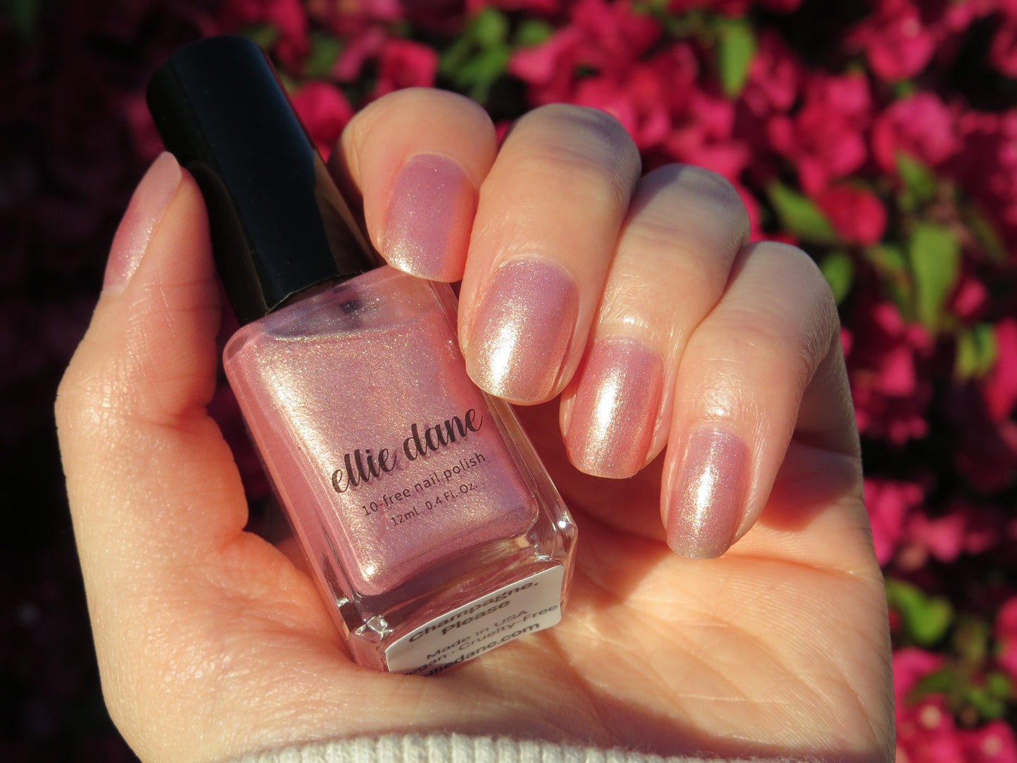 Champagne, Please swatched on nails holding nail polish bottle in direct sunlight