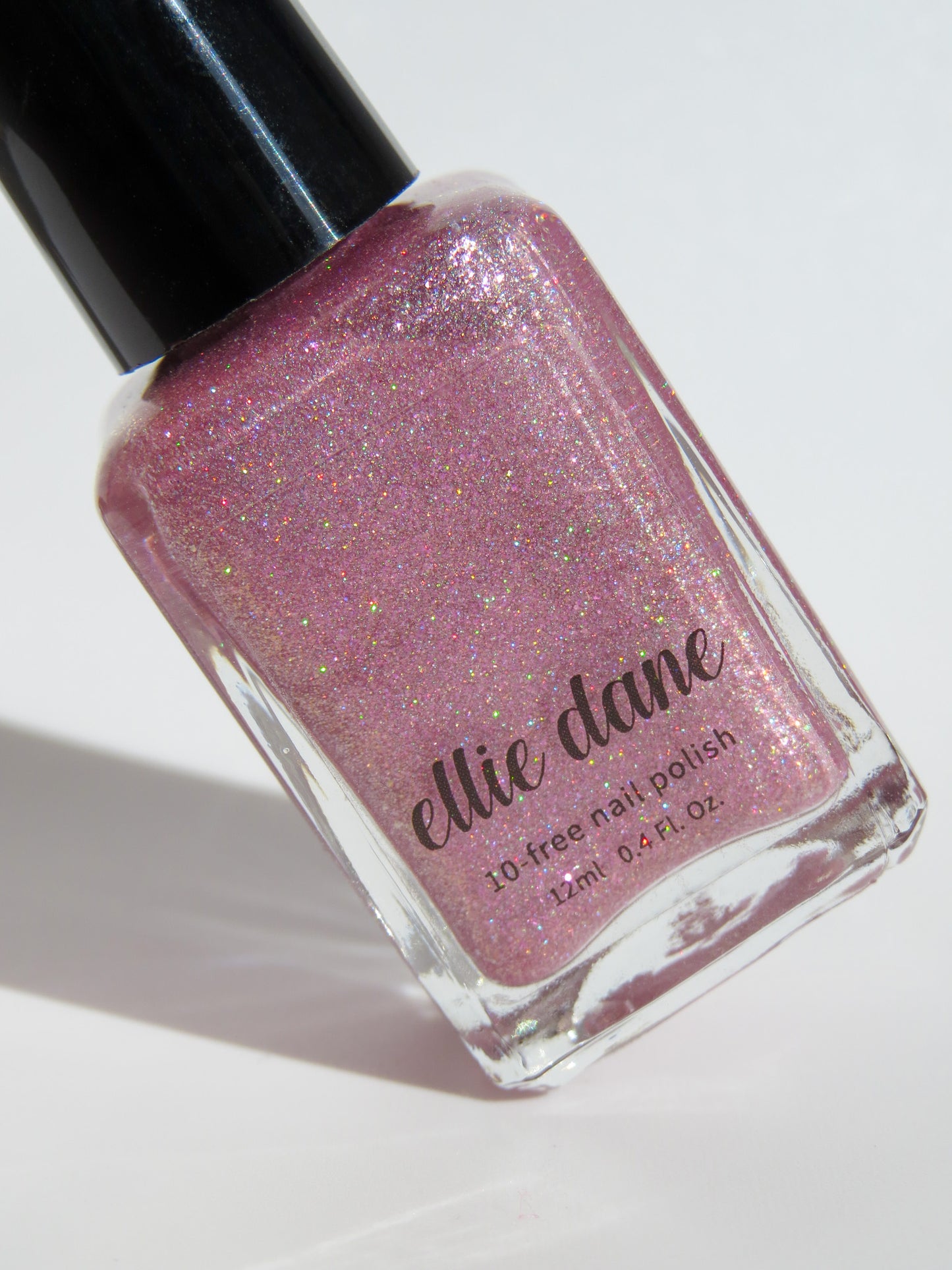 Rose Quartz holographic glitter pink nail polish bottle by Ellie Dane