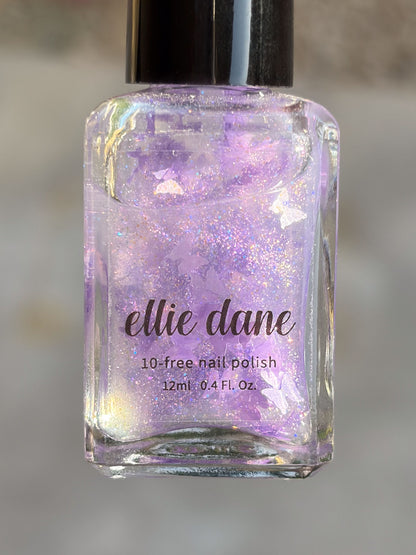 Ellie Dane nail polish bottle with glittery purple butterfly polish