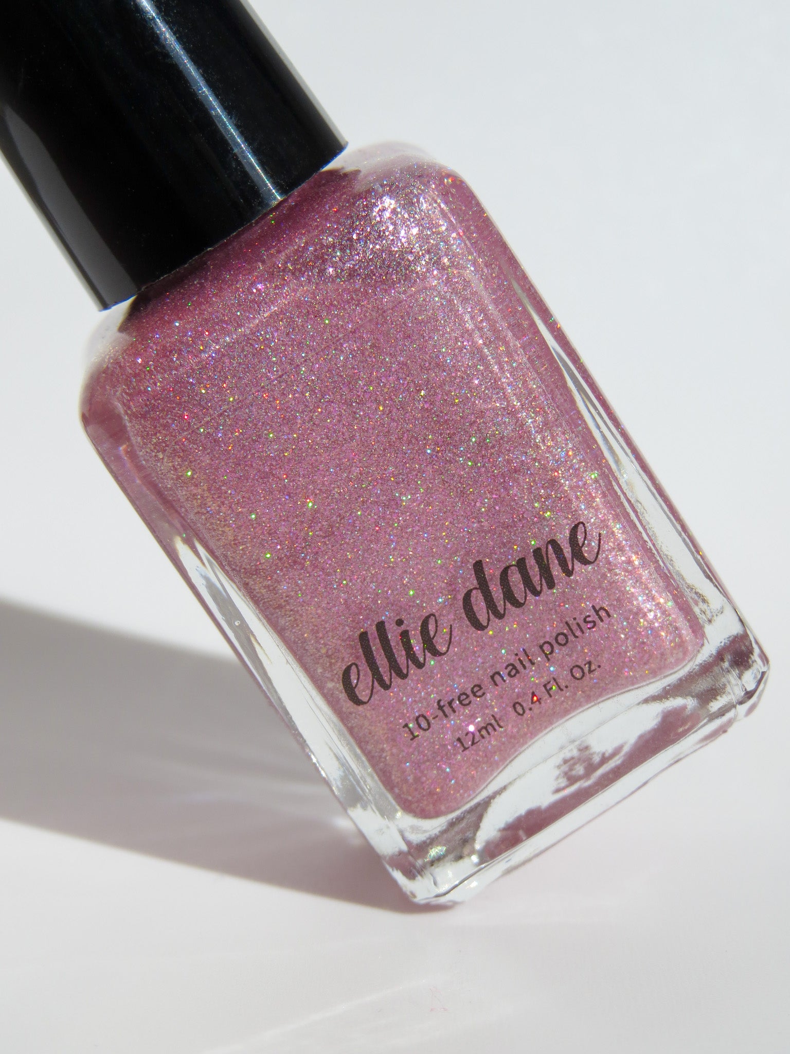 Rose Quartz holographic glitter pink nail polish bottle by Ellie Dane