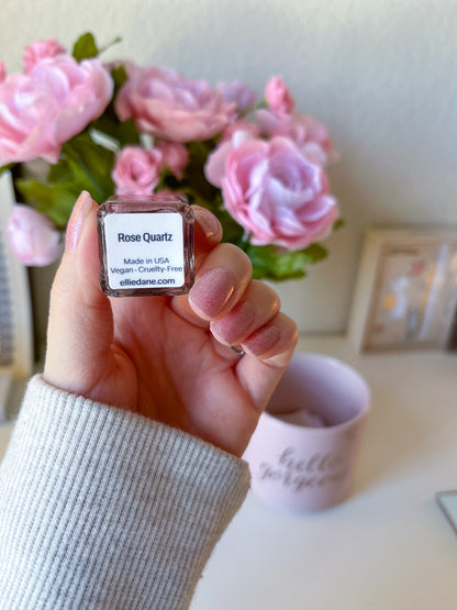 Bottom label of Rose Quartz pink glitter nail polish