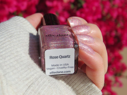 Rose Quartz pink holographic glitter nail polish bottom label of bottle